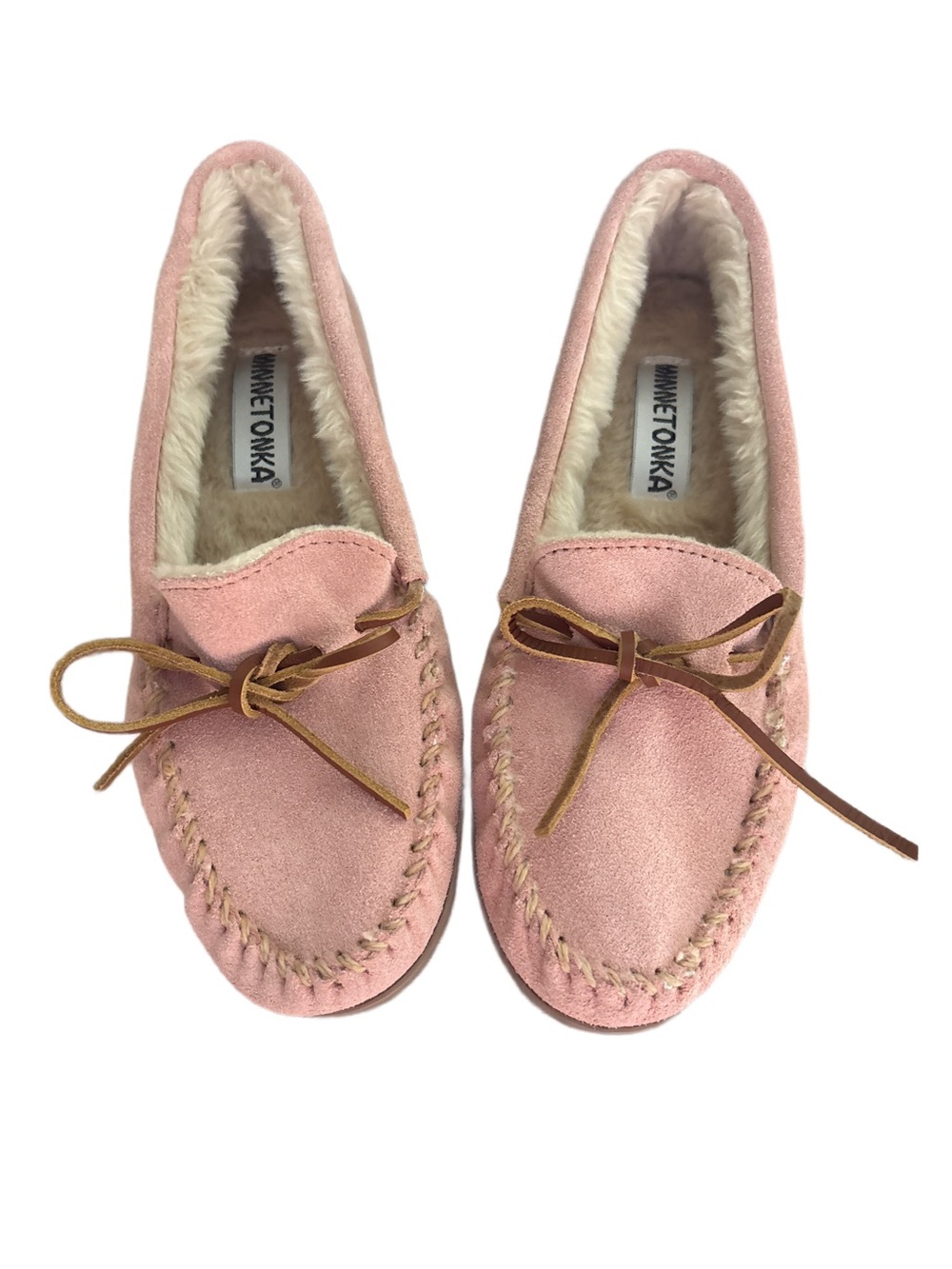 Minnetonka Pink Suede Moccasins with Faux Fur Lining